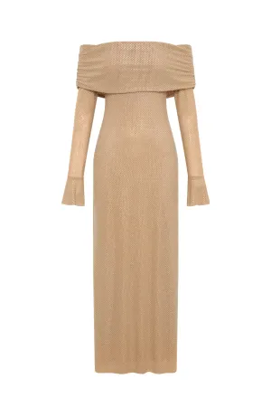 Marcel Off Shoulder Diamante Maxi Dress Nude by Meshki