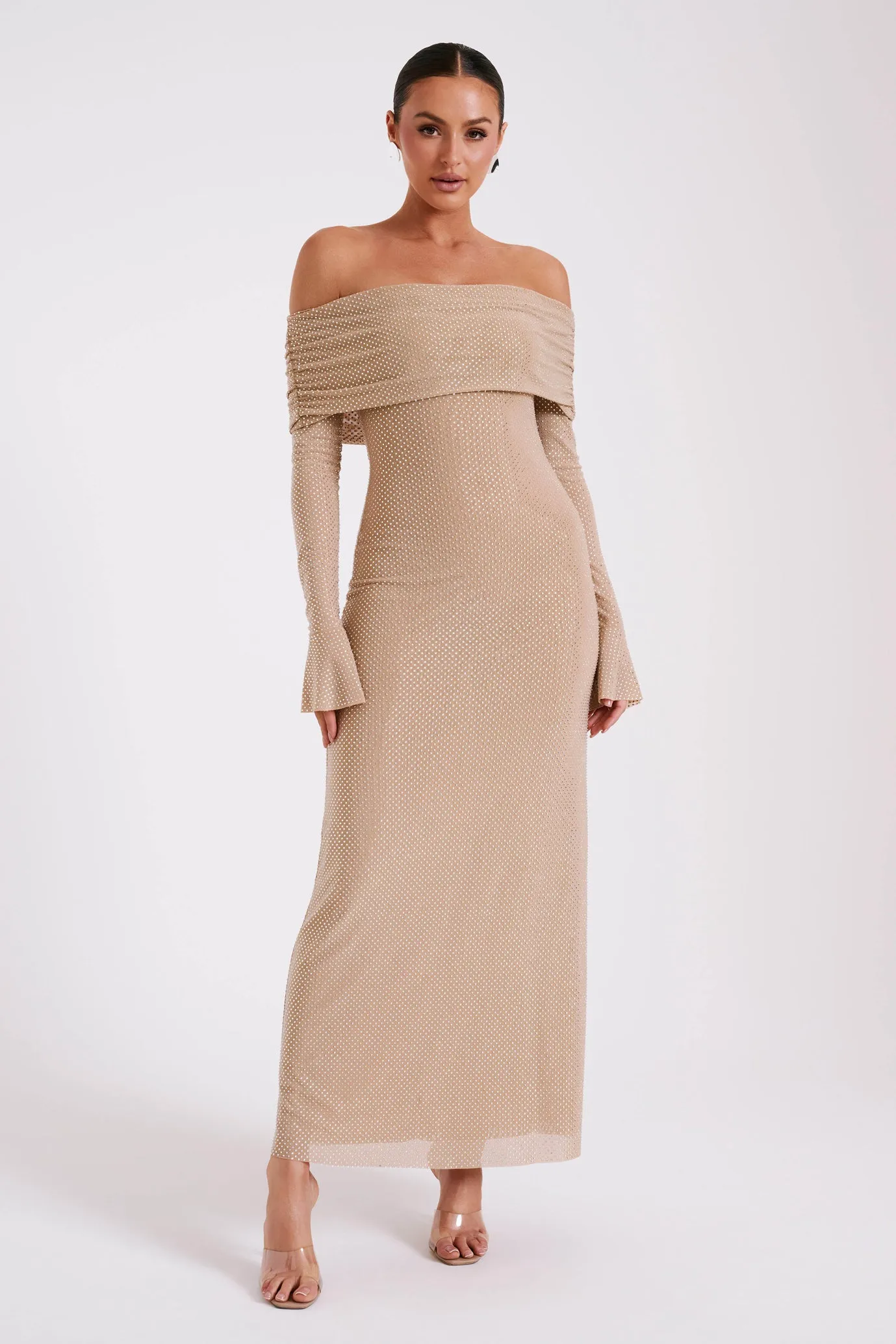 Marcel Off Shoulder Diamante Maxi Dress Nude by Meshki
