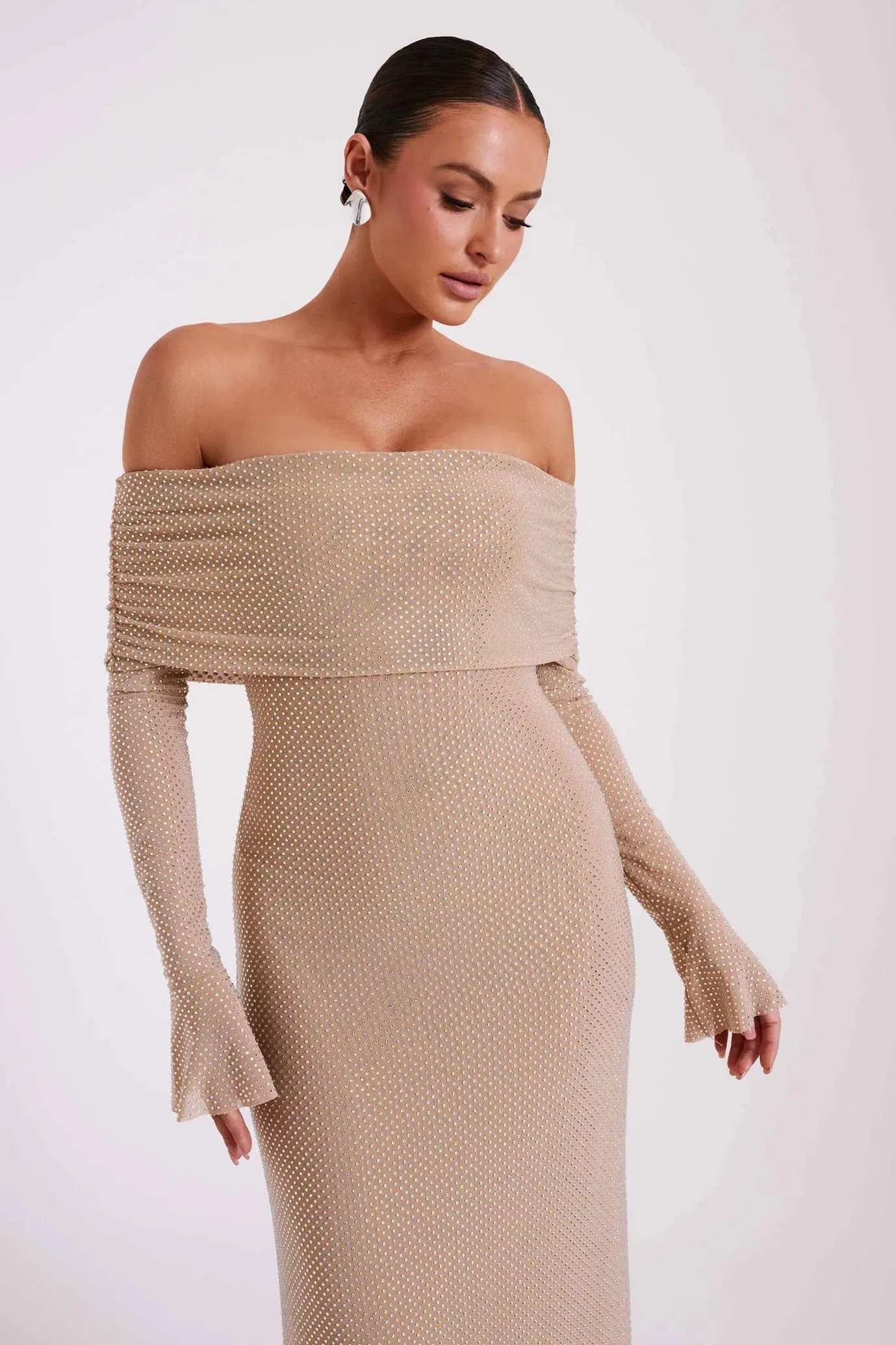 Marcel Off Shoulder Diamante Maxi Dress Nude by Meshki