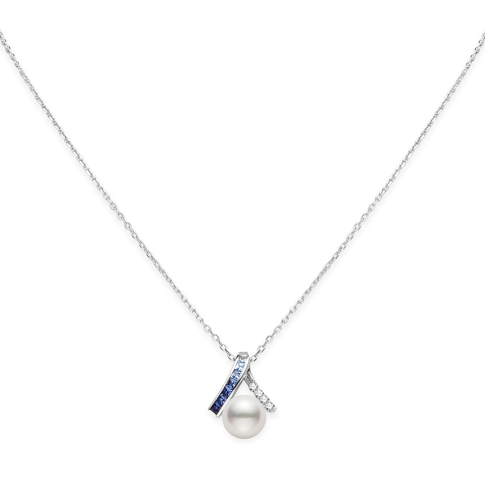 Mikimoto 18ct White Gold Akoya Pearl 0.12ct Sapphire  & 0.48ct Diamond Ocean Pendant