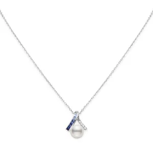 Mikimoto 18ct White Gold Akoya Pearl 0.12ct Sapphire  & 0.48ct Diamond Ocean Pendant