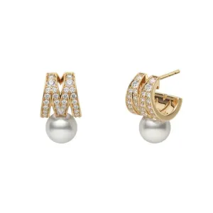 Mikimoto 18ct Yellow Gold Akoya Cultured Pearl & Diamond  M Signature Earrings