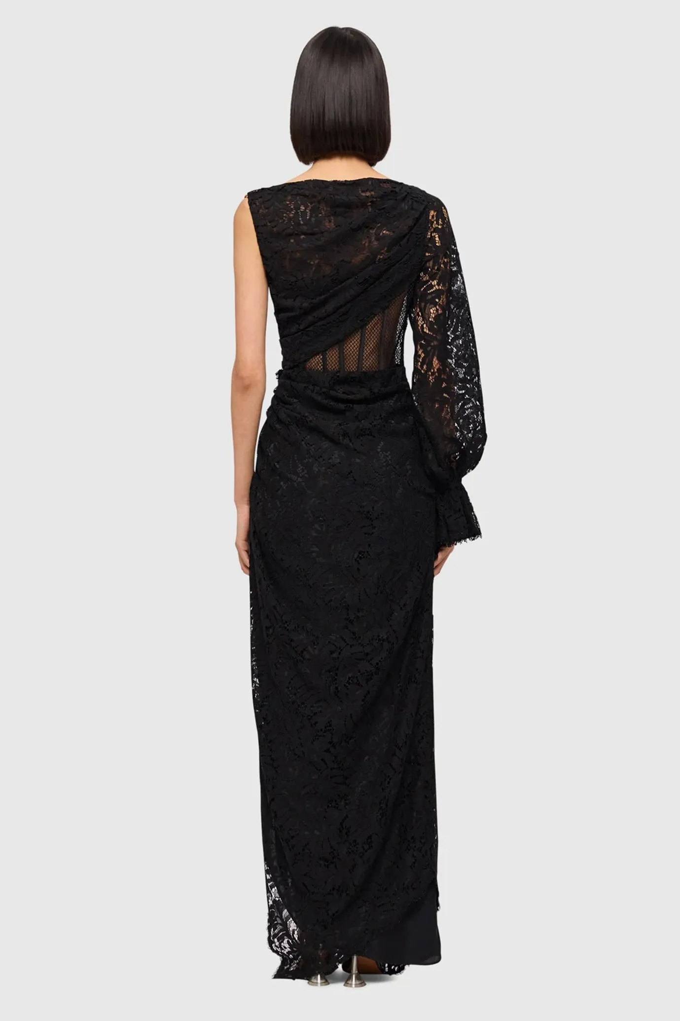 Nina Lace One Shoulder Draped Dress Ebony by Leo & Lin