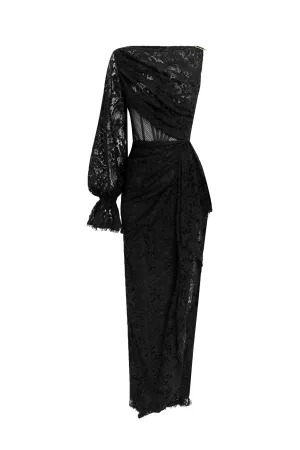 Nina Lace One Shoulder Draped Dress Ebony by Leo & Lin