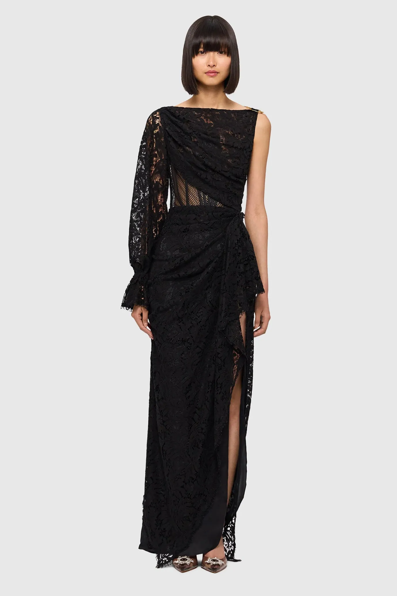 Nina Lace One Shoulder Draped Dress Ebony by Leo & Lin