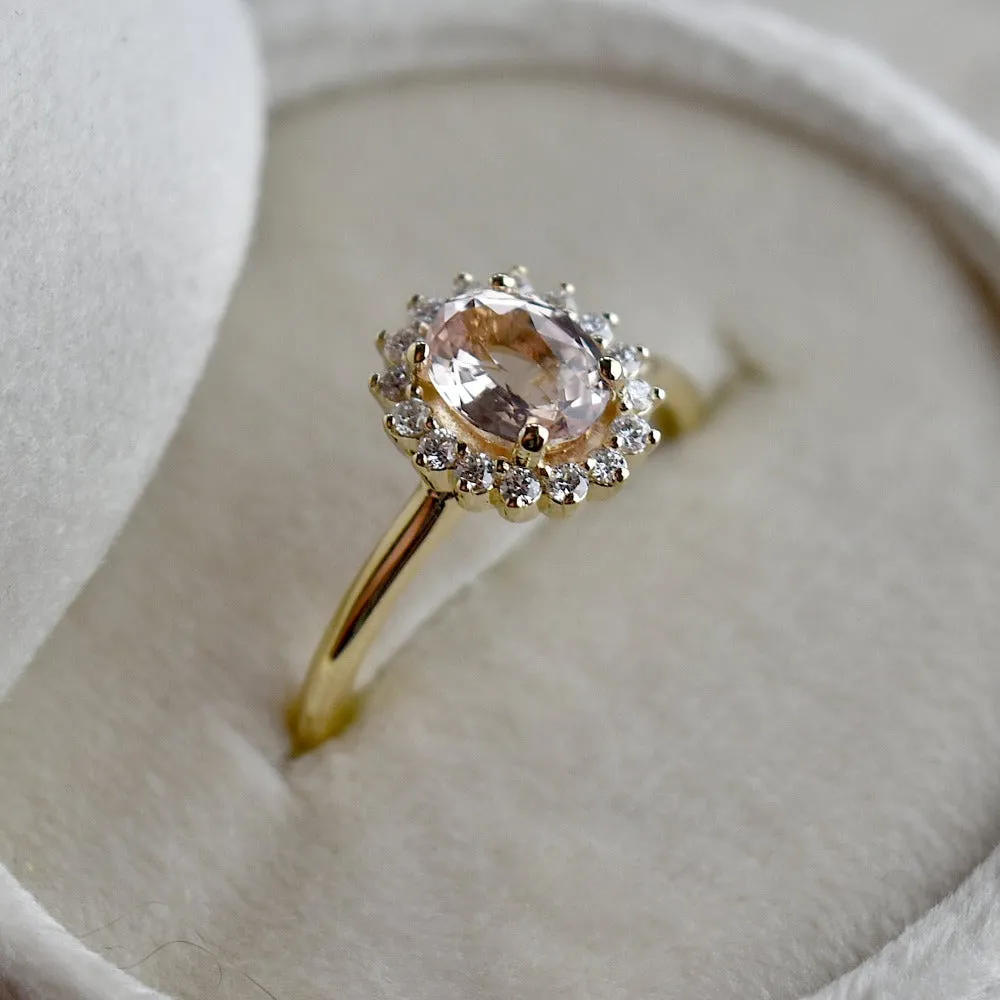 Oval Peach Sapphire Halo Engagement Ring