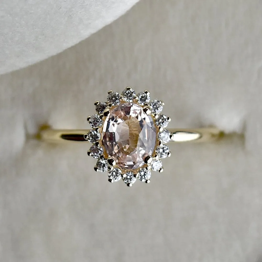 Oval Peach Sapphire Halo Engagement Ring