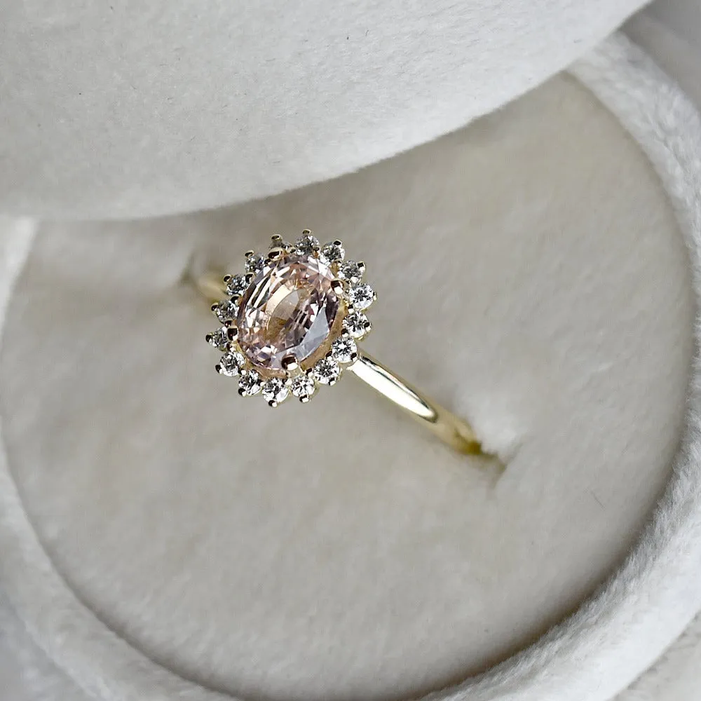 Oval Peach Sapphire Halo Engagement Ring