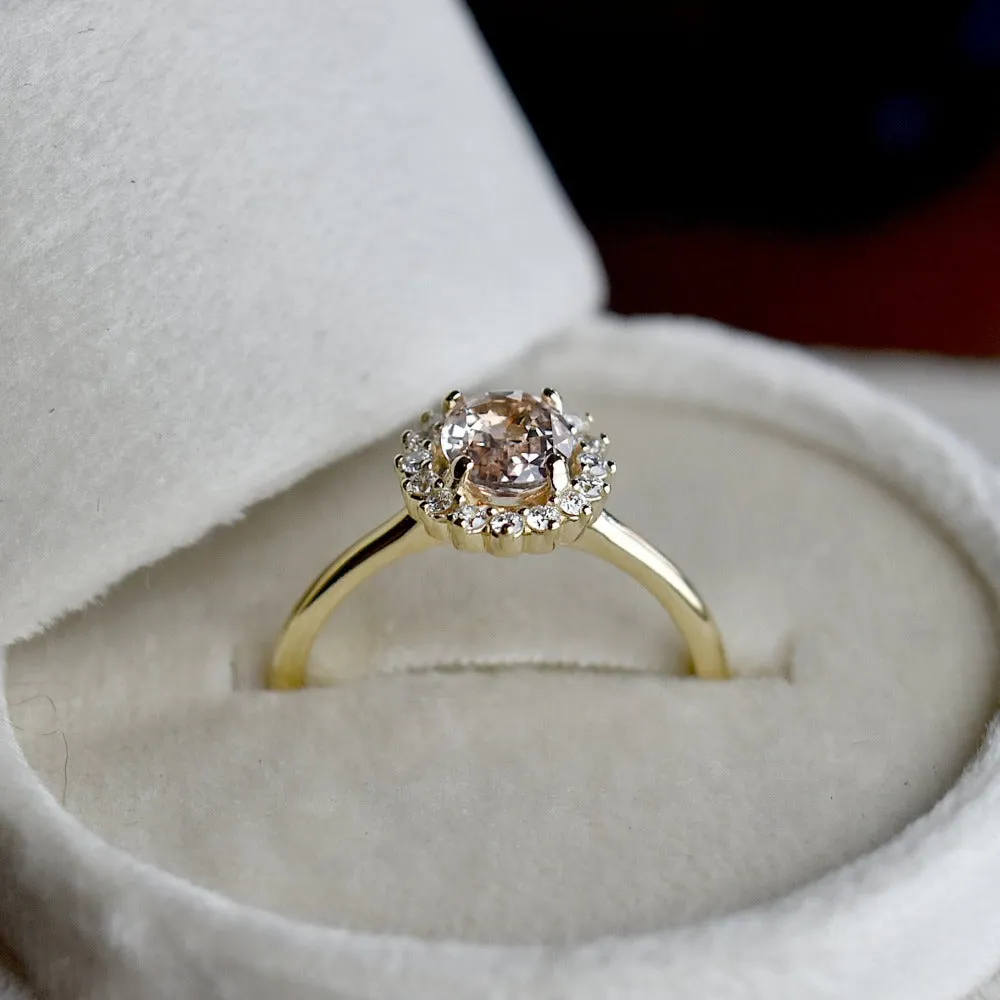 Oval Peach Sapphire Halo Engagement Ring