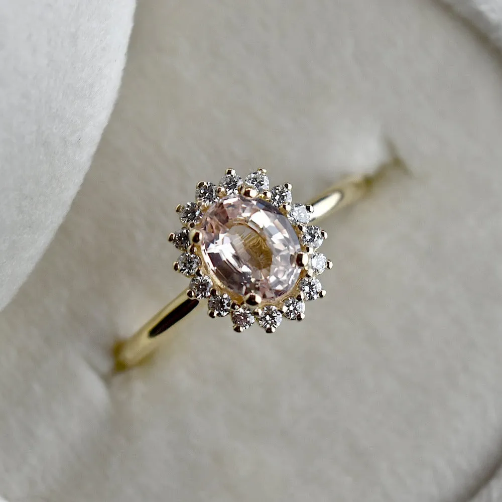Oval Peach Sapphire Halo Engagement Ring