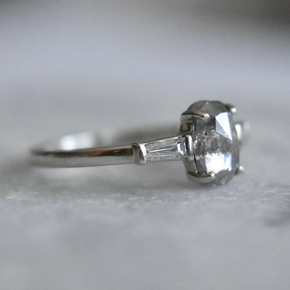 Oval Salt & Pepper Diamond Engagement Ring with Tapered Baguettes