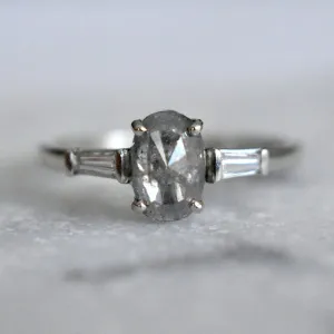 Oval Salt & Pepper Diamond Engagement Ring with Tapered Baguettes