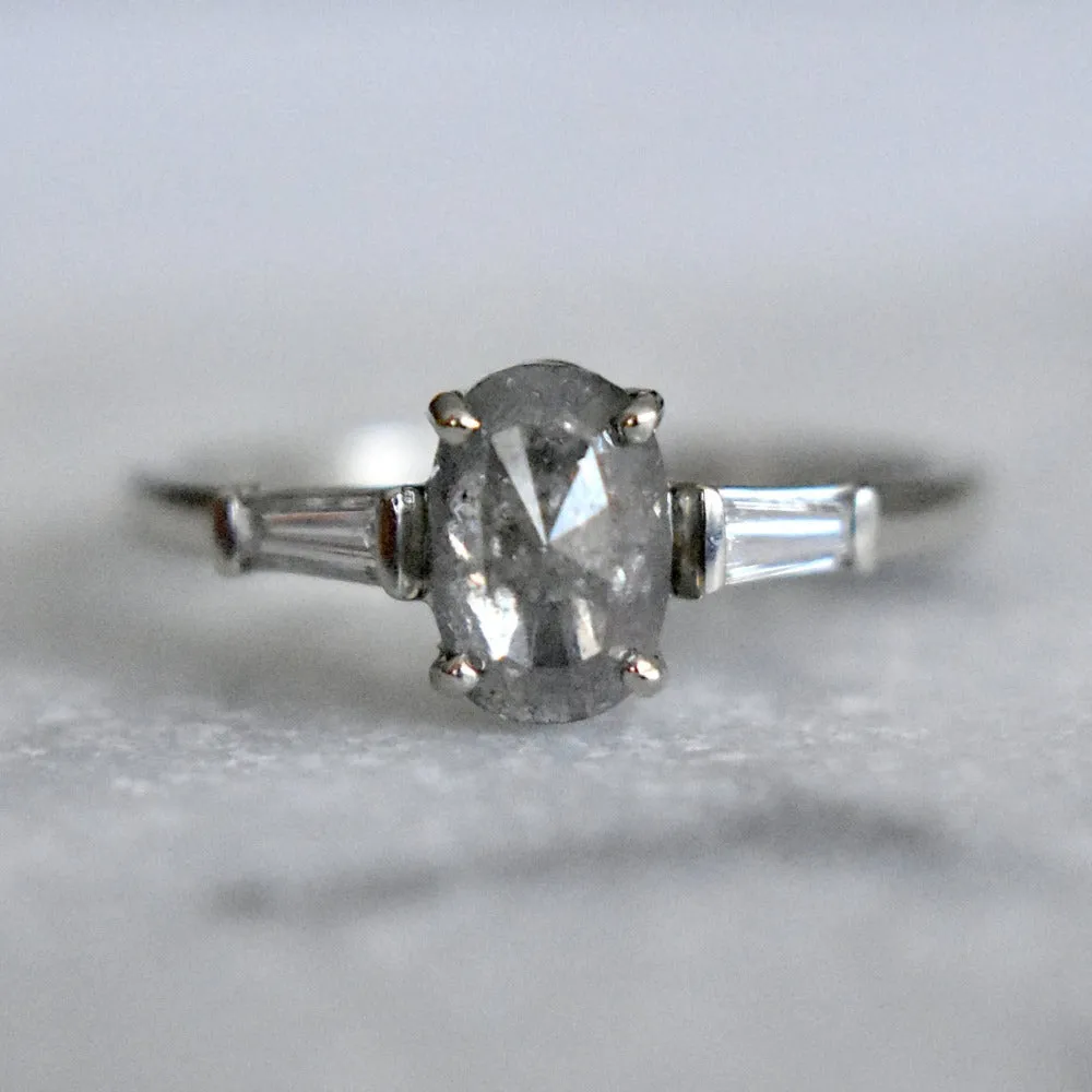 Oval Salt & Pepper Diamond Engagement Ring with Tapered Baguettes
