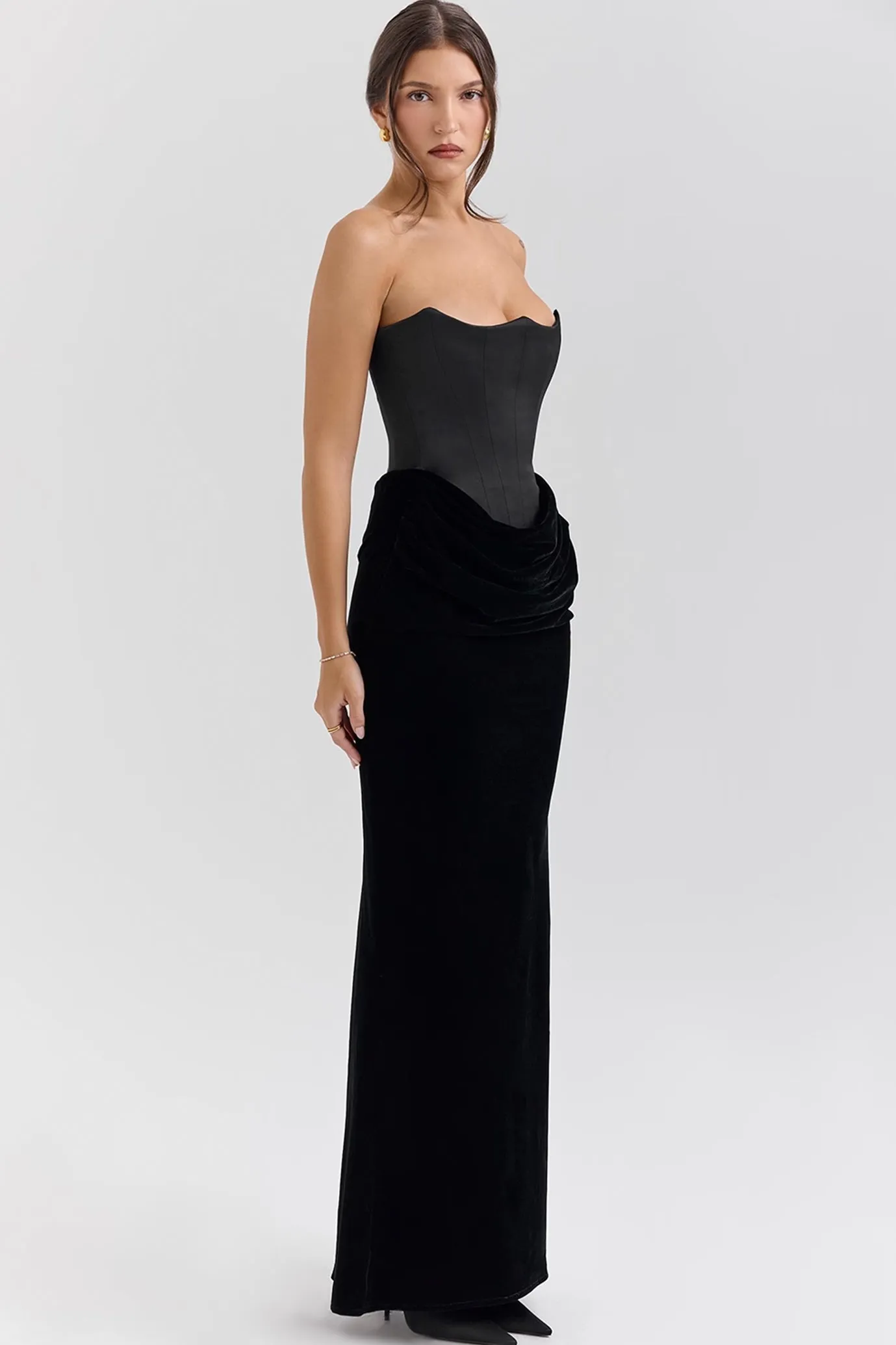 Persephone Black Velvet Strapless Maxi Dress by House of CB