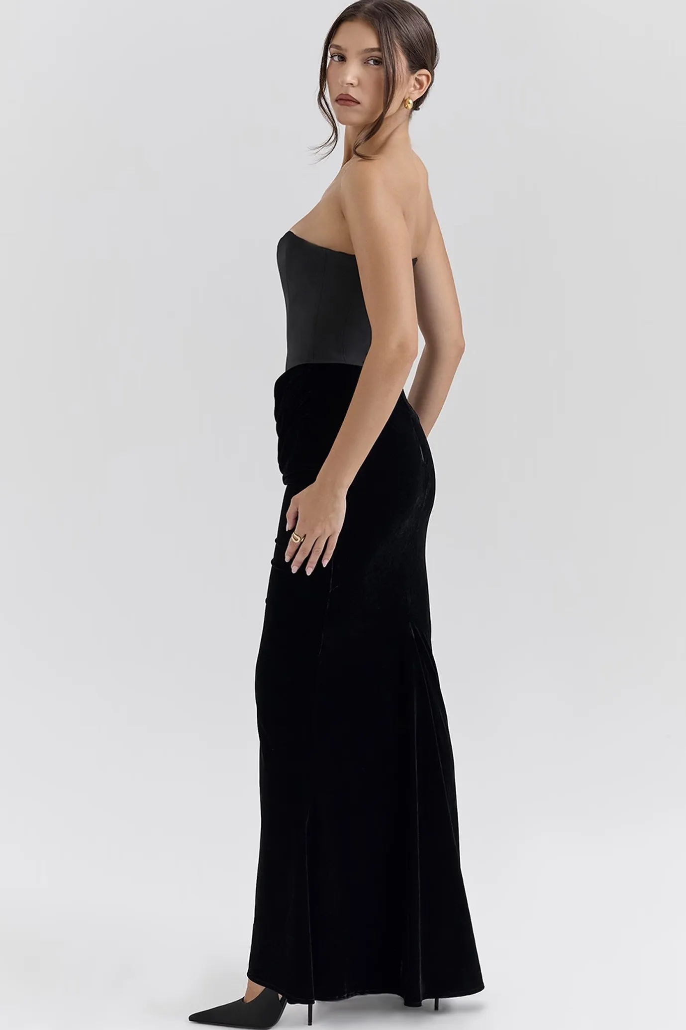 Persephone Black Velvet Strapless Maxi Dress by House of CB