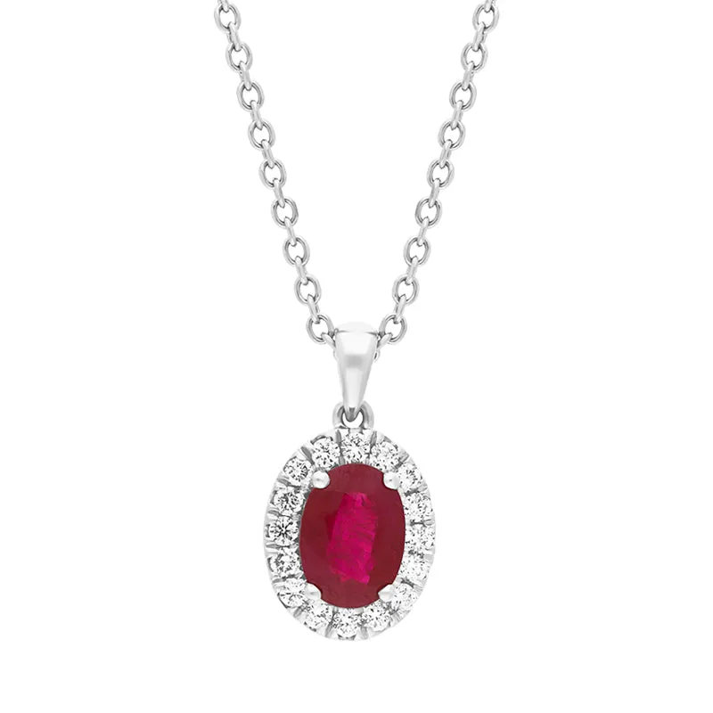 Platinum 0.95ct Ruby Diamond Oval Cluster Pendant Necklace