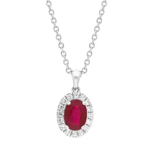 Platinum 0.95ct Ruby Diamond Oval Cluster Pendant Necklace