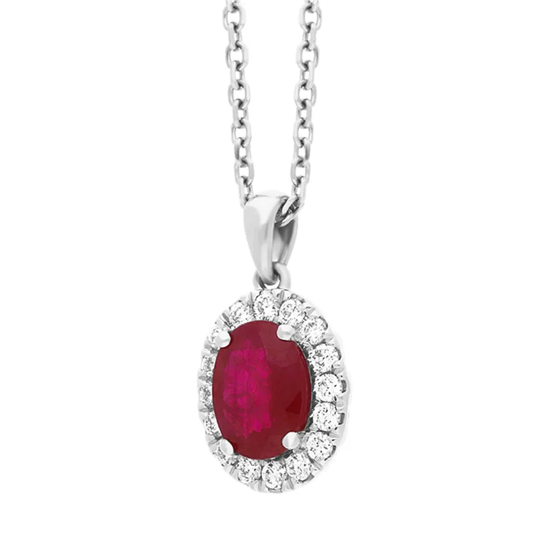 Platinum 0.95ct Ruby Diamond Oval Cluster Pendant Necklace