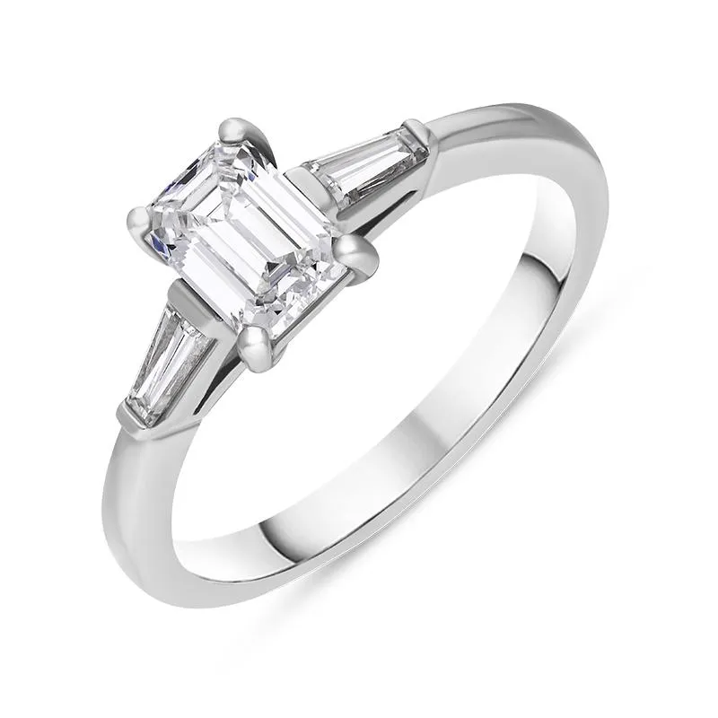 Platinum Diamond Emerald and Tapered Baguette Cut Three Stone Ring