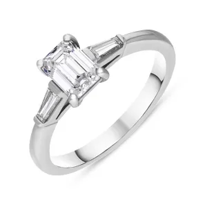 Platinum Diamond Emerald and Tapered Baguette Cut Three Stone Ring