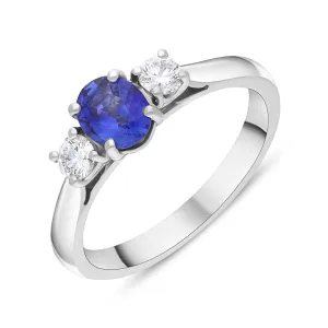 Platinum Sapphire Diamond Oval Cut Three Stone Ring