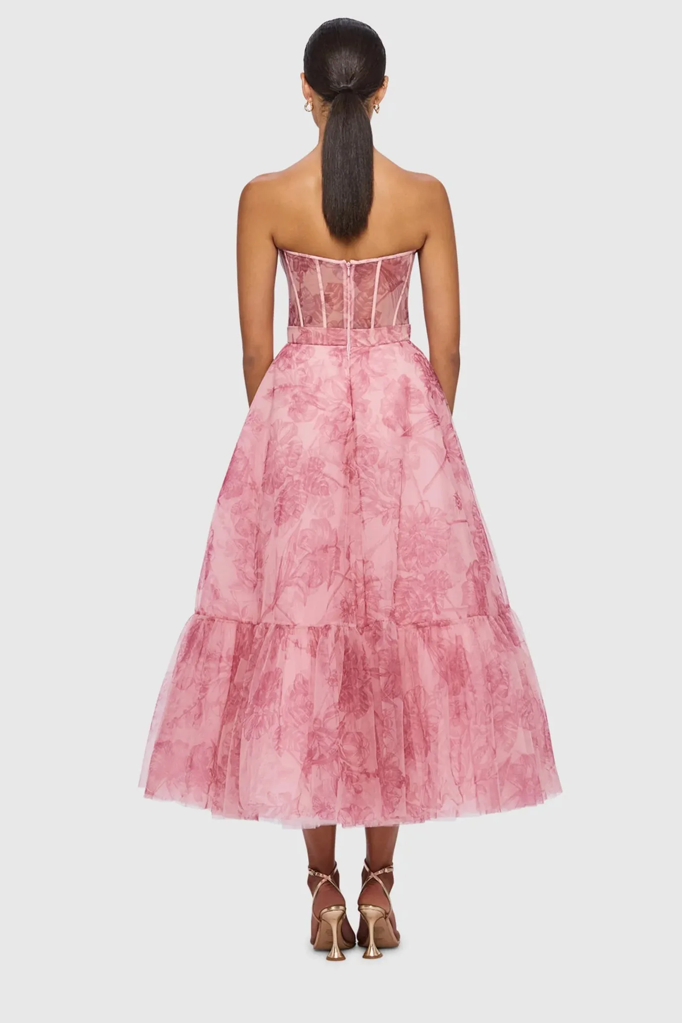 Rae Bustier Midi Dress Harmony Print in Plum Blossom by Leo Lin