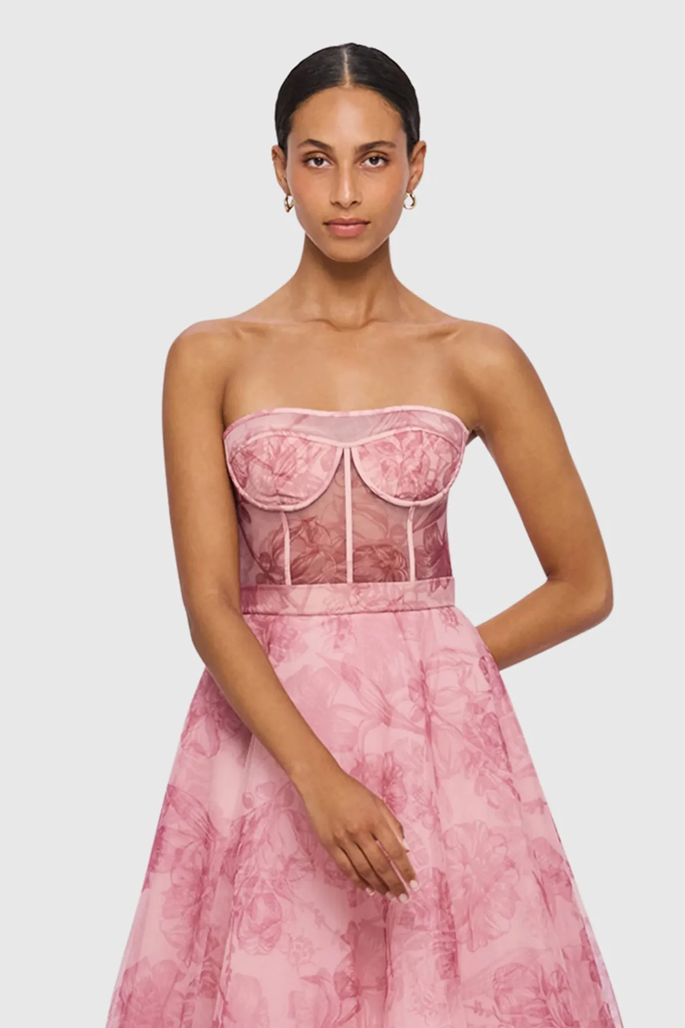 Rae Bustier Midi Dress Harmony Print in Plum Blossom by Leo Lin