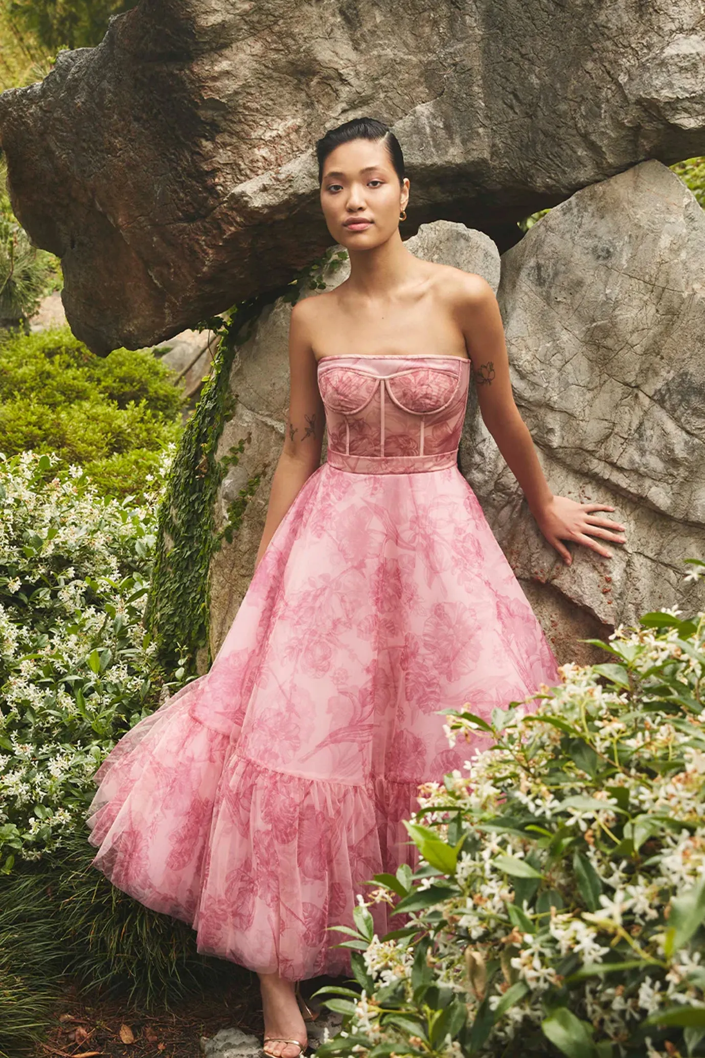 Rae Bustier Midi Dress Harmony Print in Plum Blossom by Leo Lin