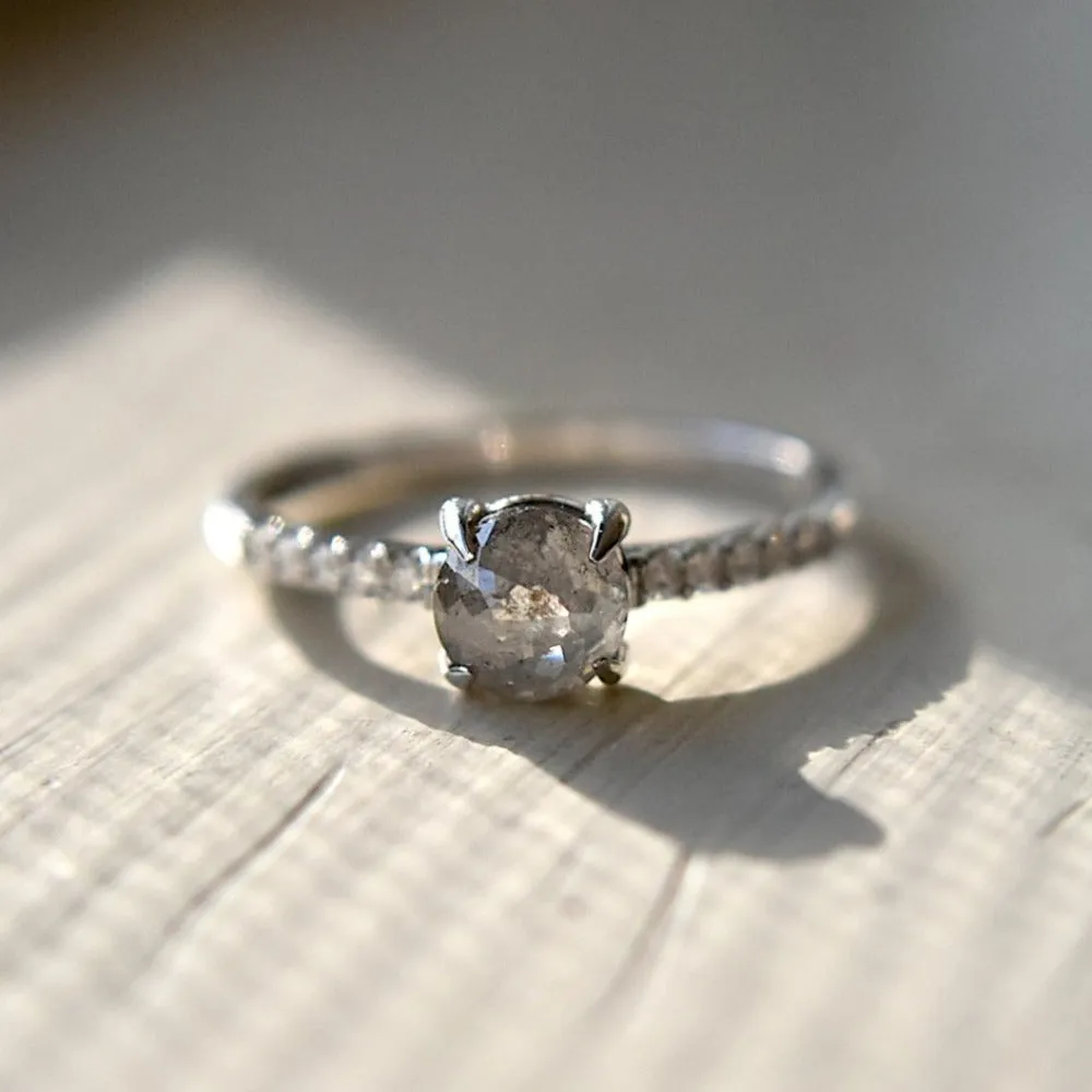 Rose-Cut Grey Diamond Engagement Ring with Shoulder Diamonds