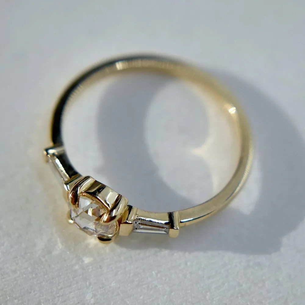 Rose-Cut White Diamond Engagement Ring with Tapered Baguette Accents