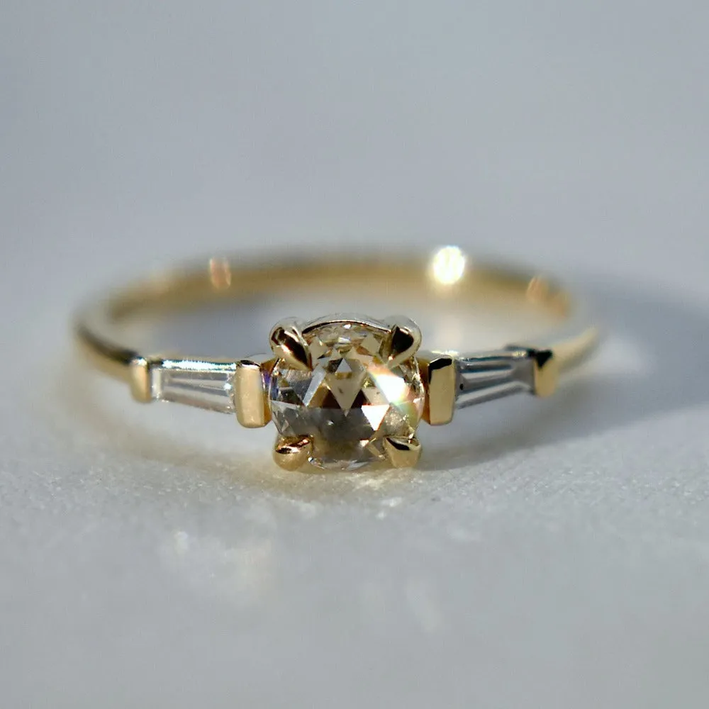 Rose-Cut White Diamond Engagement Ring with Tapered Baguette Accents