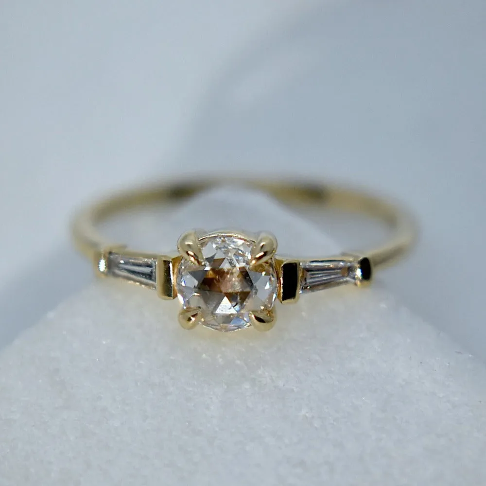 Rose-Cut White Diamond Engagement Ring with Tapered Baguette Accents