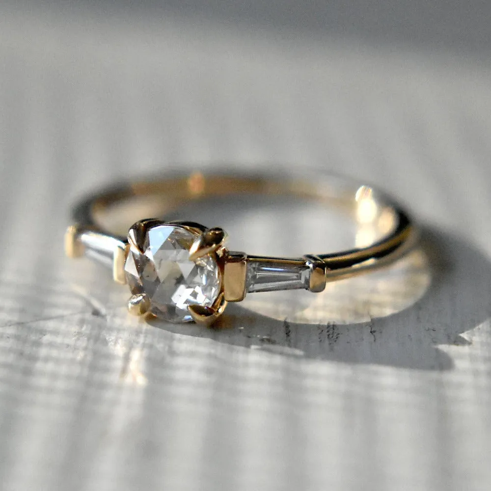 Rose-Cut White Diamond Engagement Ring with Tapered Baguette Accents