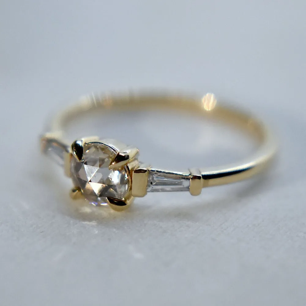 Rose-Cut White Diamond Engagement Ring with Tapered Baguette Accents