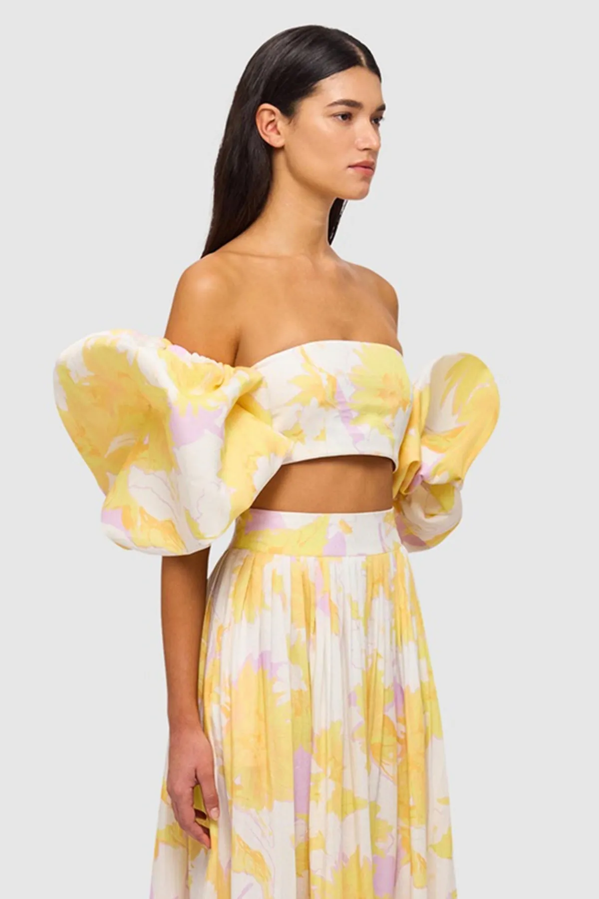 Simone Puff Top & Elina Pleated Midi Skirt Jasmine Print in Sun by Leo Lin