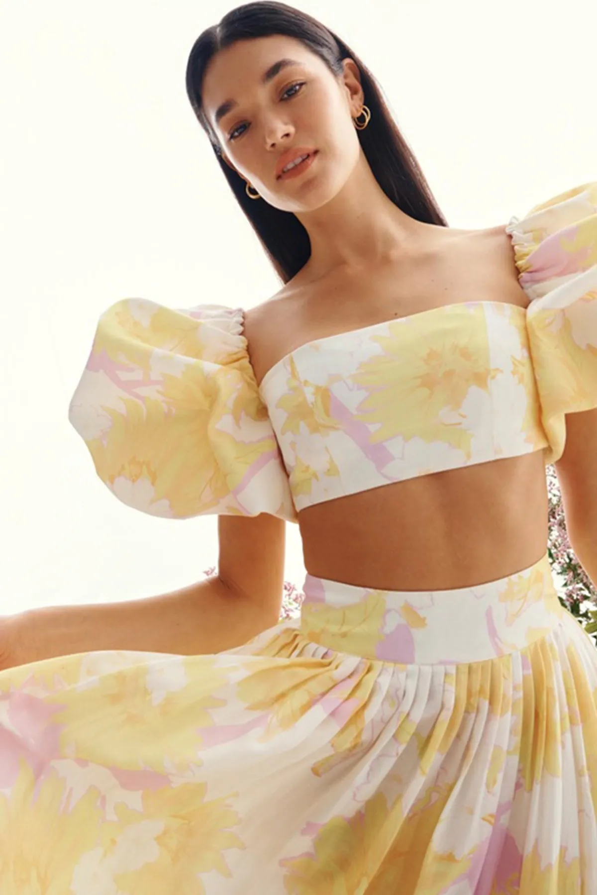 Simone Puff Top & Elina Pleated Midi Skirt Jasmine Print in Sun by Leo Lin