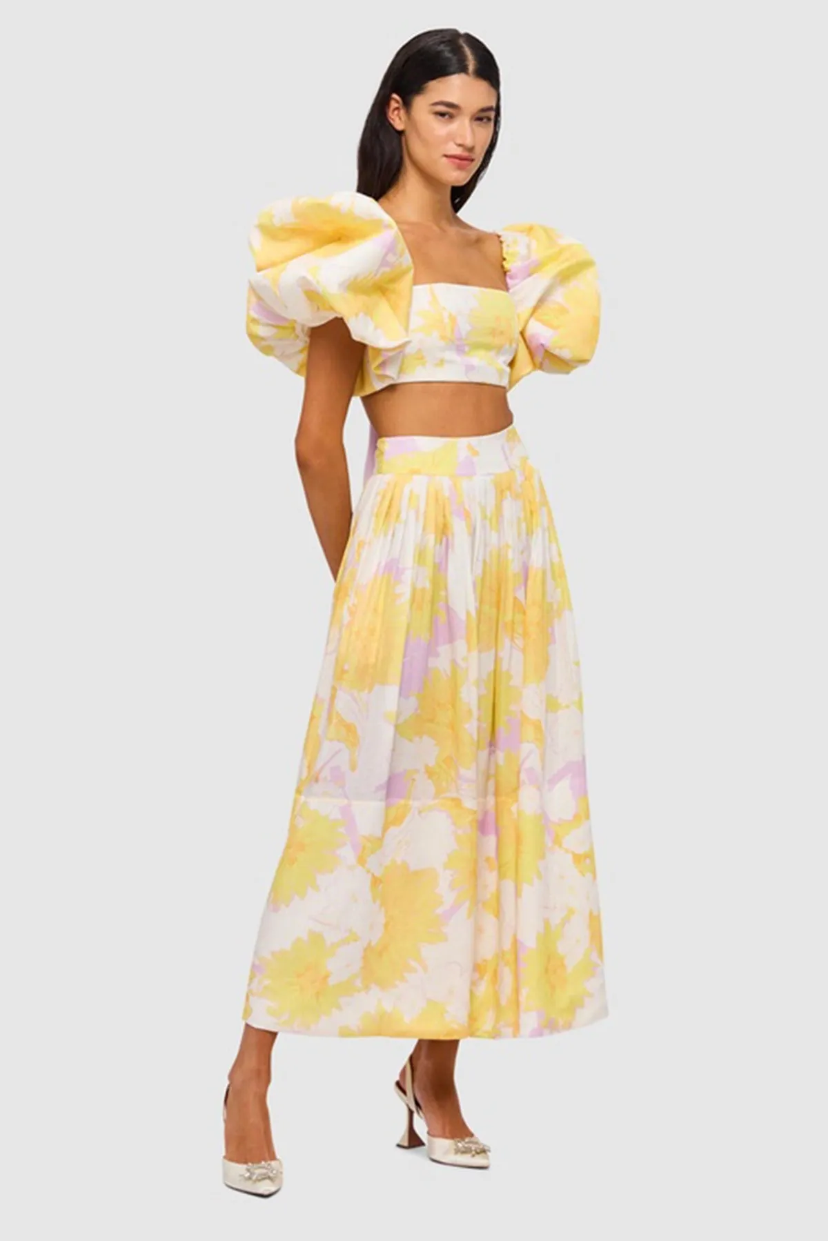 Simone Puff Top & Elina Pleated Midi Skirt Jasmine Print in Sun by Leo Lin