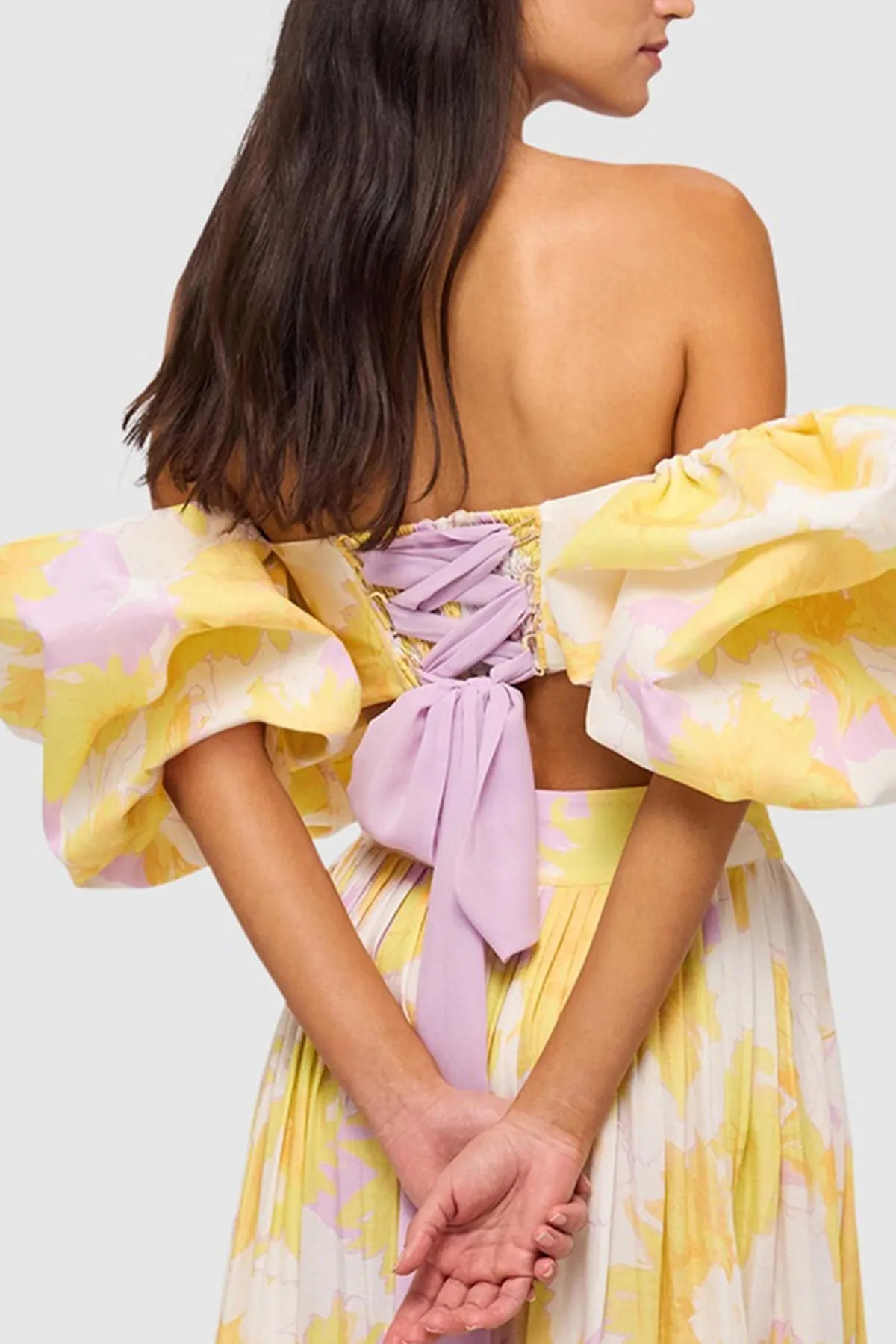 Simone Puff Top & Elina Pleated Midi Skirt Jasmine Print in Sun by Leo Lin