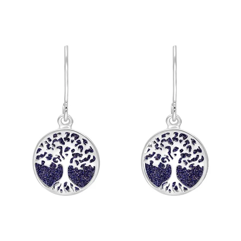 Sterling Silver Blue Goldstone Round Tree of Life Drop Earrings