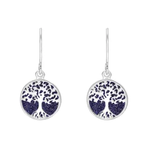 Sterling Silver Blue Goldstone Round Tree of Life Drop Earrings