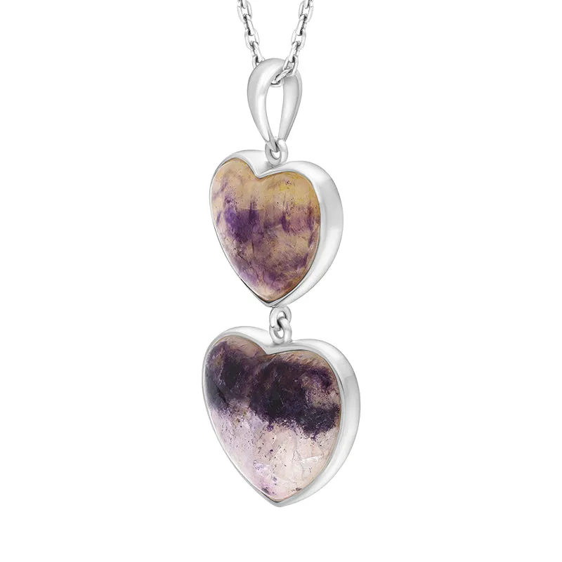 Sterling Silver Blue John Two Stone Heart Drop Necklace D