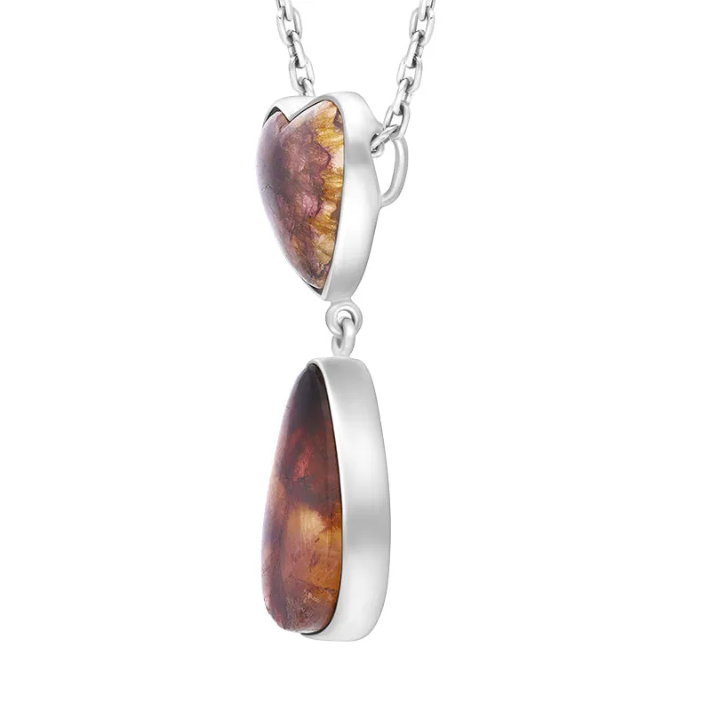 Sterling Silver Blue John Two Stone Heart Oval Drop Necklace D