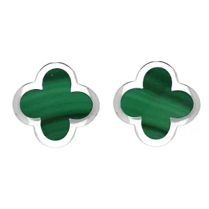 Sterling Silver Malachite Bloom Four Leaf Clover Stud Earrings