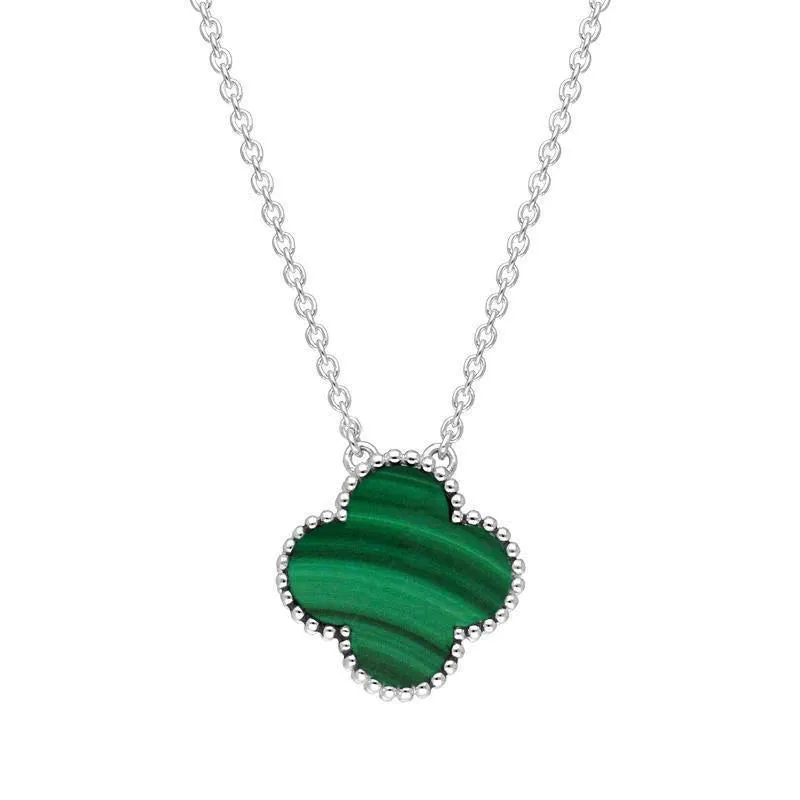 Sterling Silver Malachite Bloom Large Four Leaf Clover Ball Edge Chain Necklet