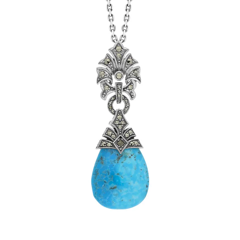 Sterling Silver Turquoise Marcasite Ornate Bail Pendant Necklace