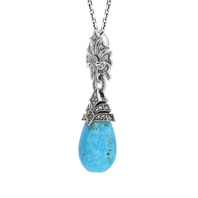 Sterling Silver Turquoise Marcasite Ornate Bail Pendant Necklace