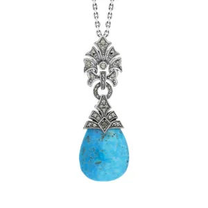 Sterling Silver Turquoise Marcasite Ornate Bail Pendant Necklace