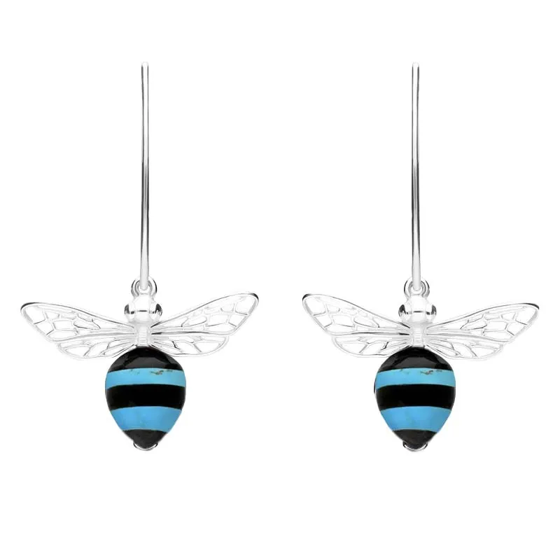 Sterling Silver Turquoise Whitby Jet Bee Small Hook Earrings
