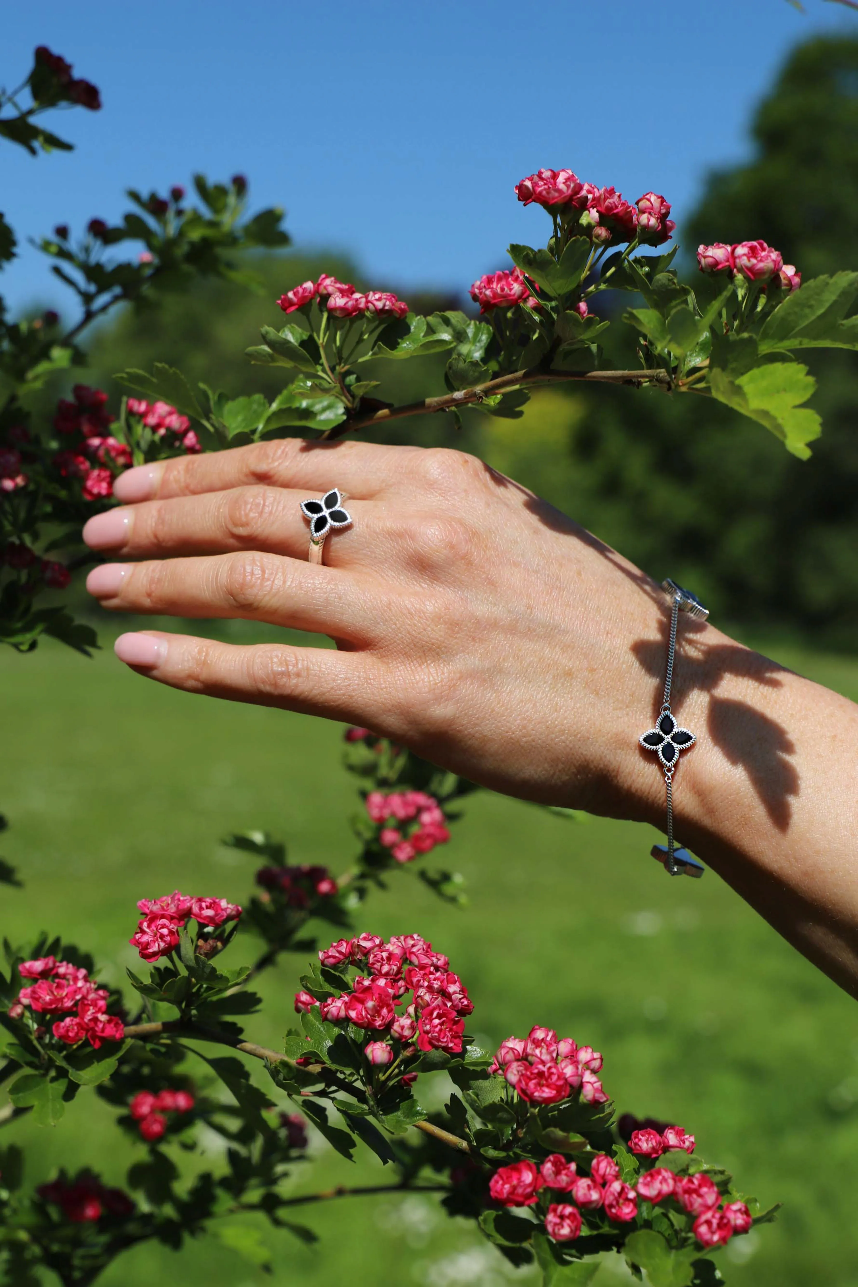 Sterling Silver Whitby Jet Eden Marquise Flower Bracelet