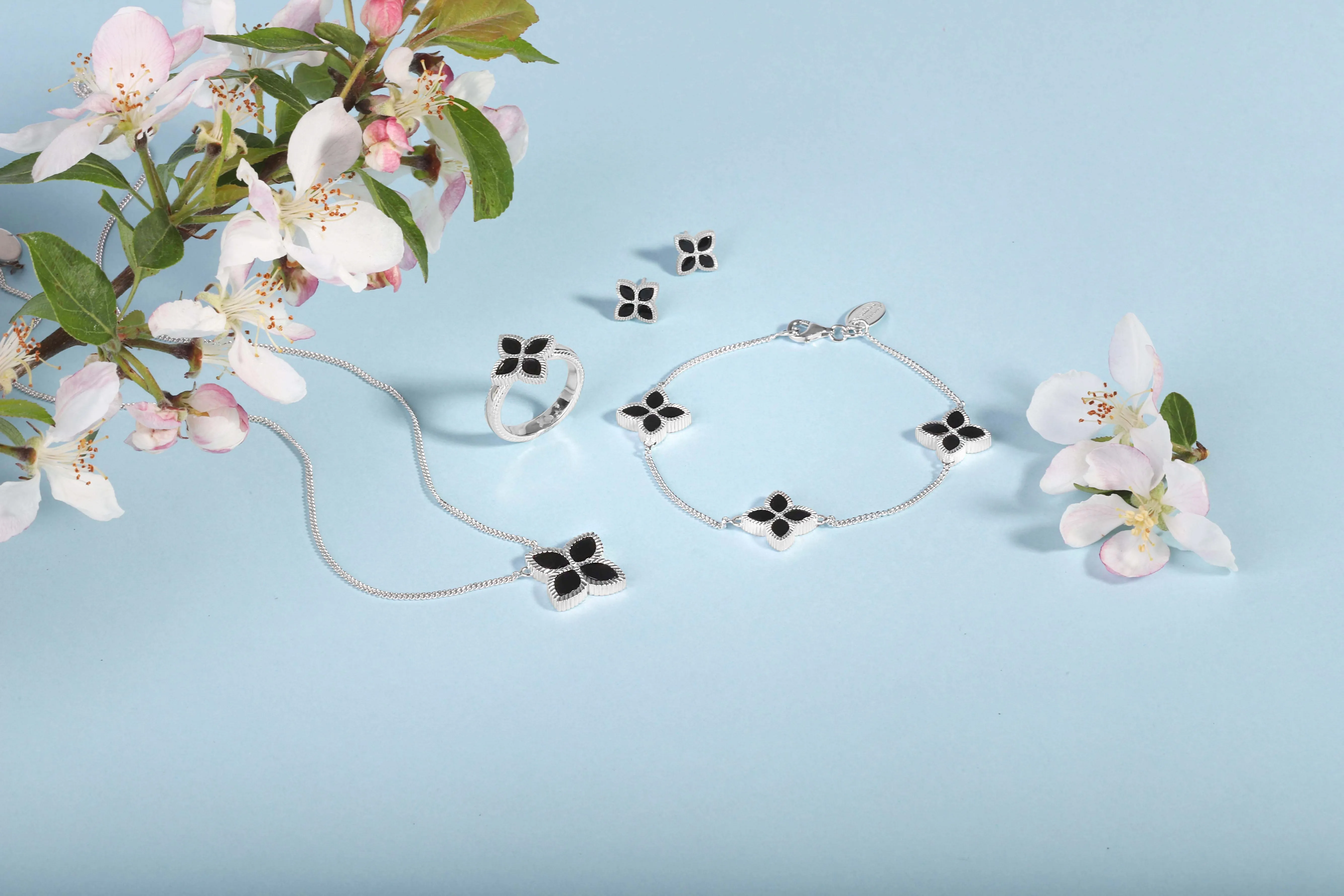 Sterling Silver Whitby Jet Eden Marquise Flower Bracelet
